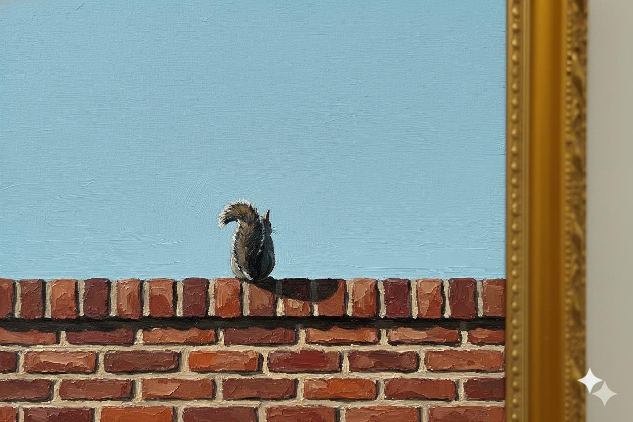 Minimalist Grey Squirrel Painting | Textured Red Brick Wall | Robin's Egg Blue Sky | Modern Narrative Wall Art