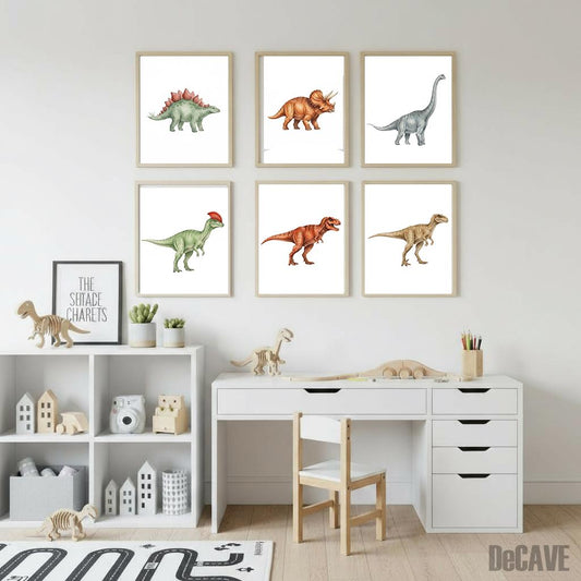Dinosaur Art Prints - Kids Room Decor, Set of 6 Framed Dino Paintings