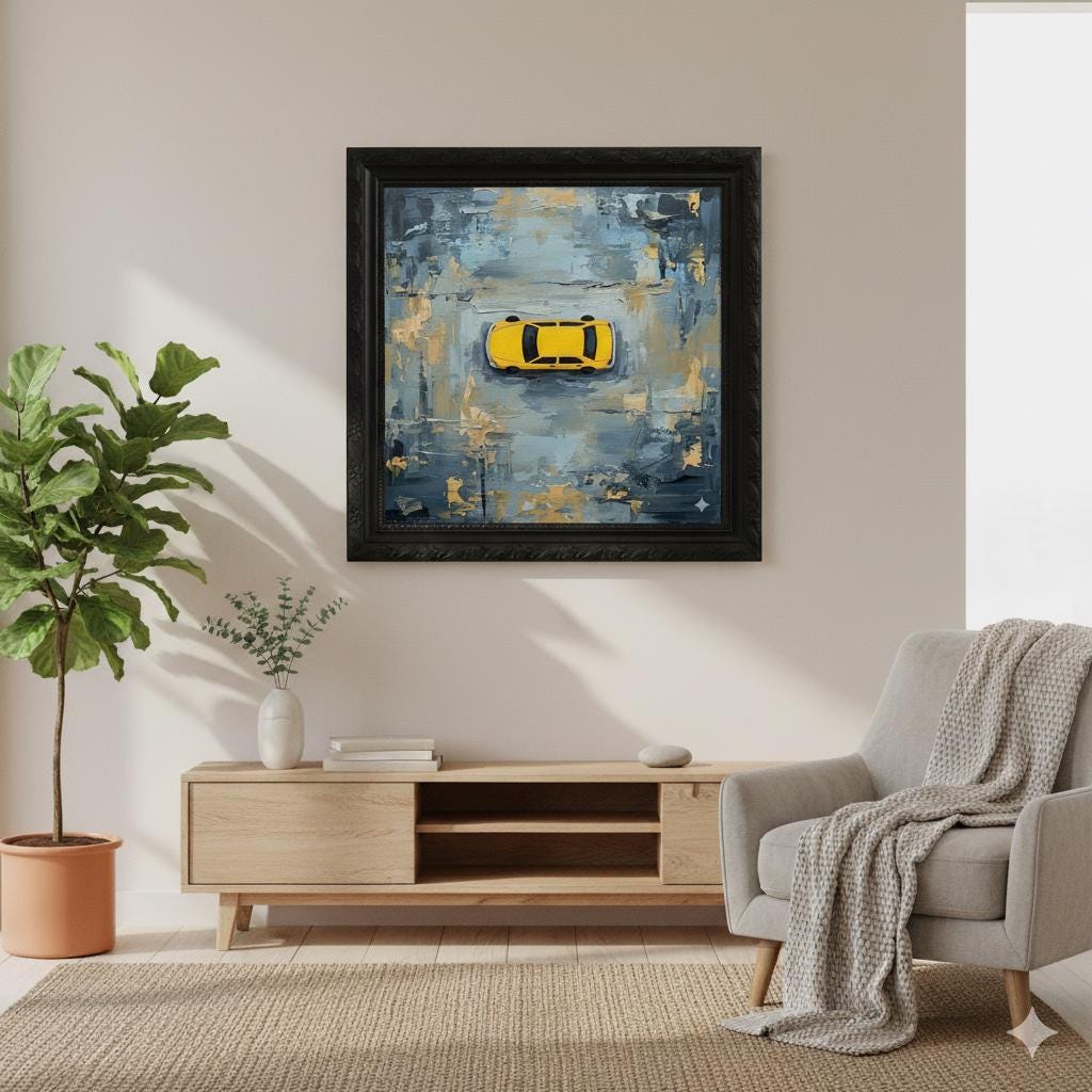 Minimalist Yellow Taxi Cab Painting | Aerial View Street Art | Urban Abstract Oil on Canvas | Modern Wall Decor