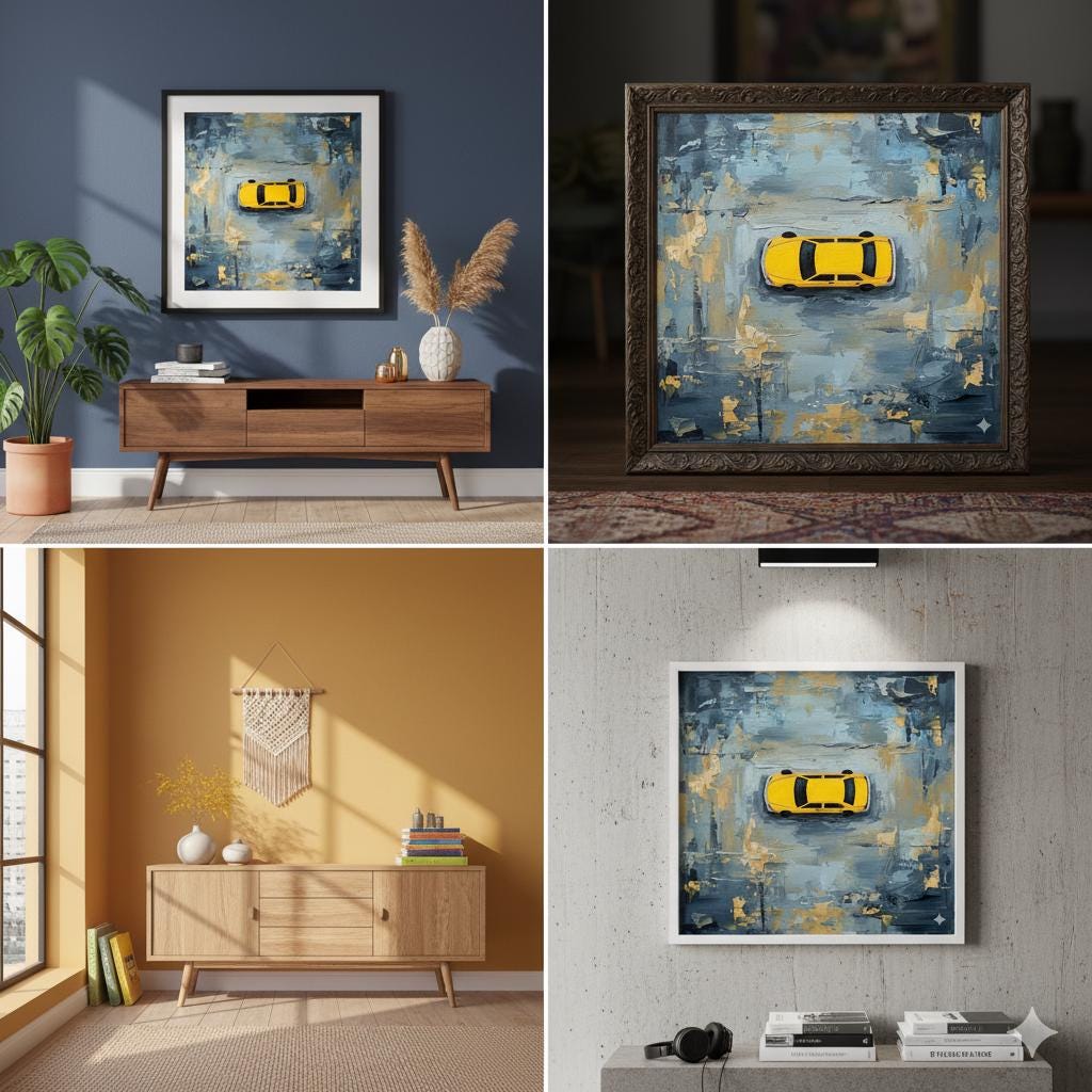 Minimalist Yellow Taxi Cab Painting | Aerial View Street Art | Urban Abstract Oil on Canvas | Modern Wall Decor