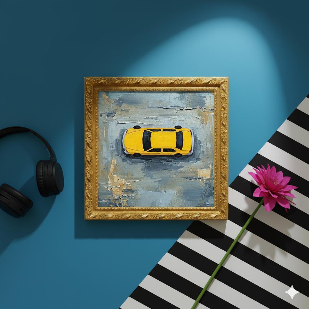 Minimalist Yellow Taxi Cab Painting | Aerial View Street Art | Urban Abstract Oil on Canvas | Modern Wall Decor