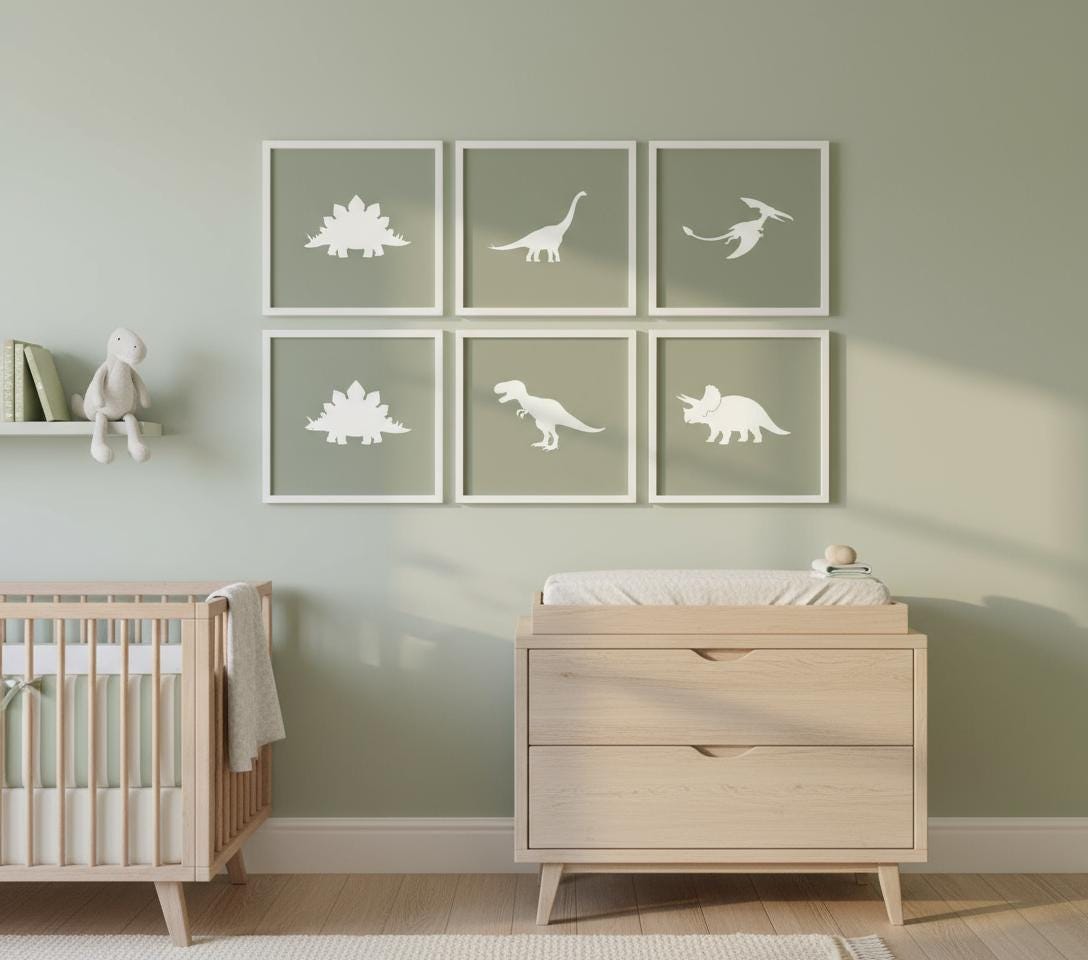 Framed Dinosaur Art Prints – Set of 6 Kids Nursery Gallery Wall Set Paintings