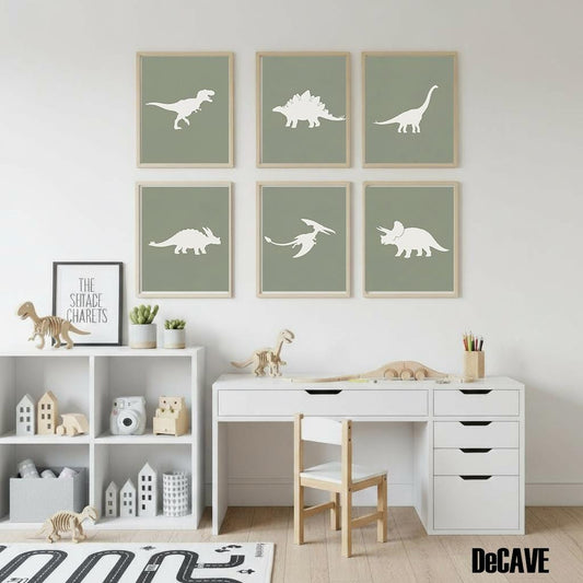 Framed Dinosaur Art Prints – Set of 6 Kids Nursery Gallery Wall Set Paintings