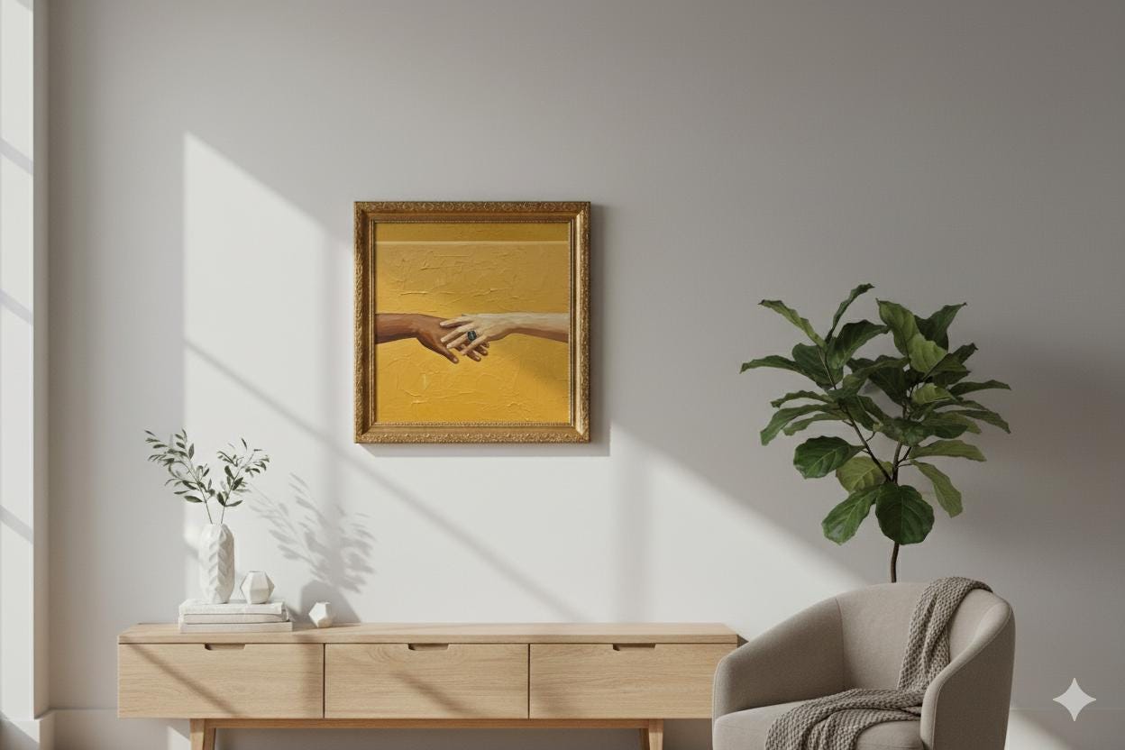 Naïve Minimalist Oil Painting | Outstretched Clasped Hands | Warm Ochre Canvas Art | Bold Sapphire Accent