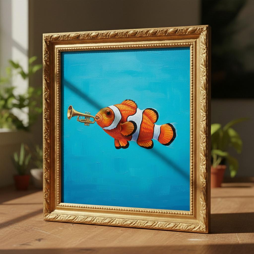 The Musical Fish | Minimalist Surreal Pop Art Painting | Tropical Fish With Trumpet | Aqua Blue Canvas | Golden Frame