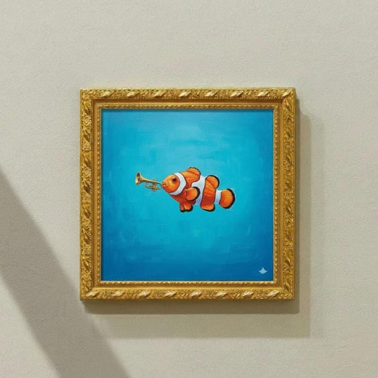 The Musical Fish | Minimalist Surreal Pop Art Painting | Tropical Fish With Trumpet | Aqua Blue Canvas | Golden Frame