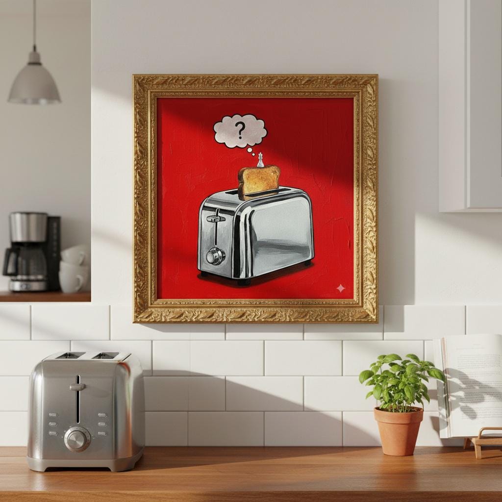 The Thinking Toaster | Surreal Pop Art Painting | Philosophical Kitchen Art | Red Canvas | Golden Frame