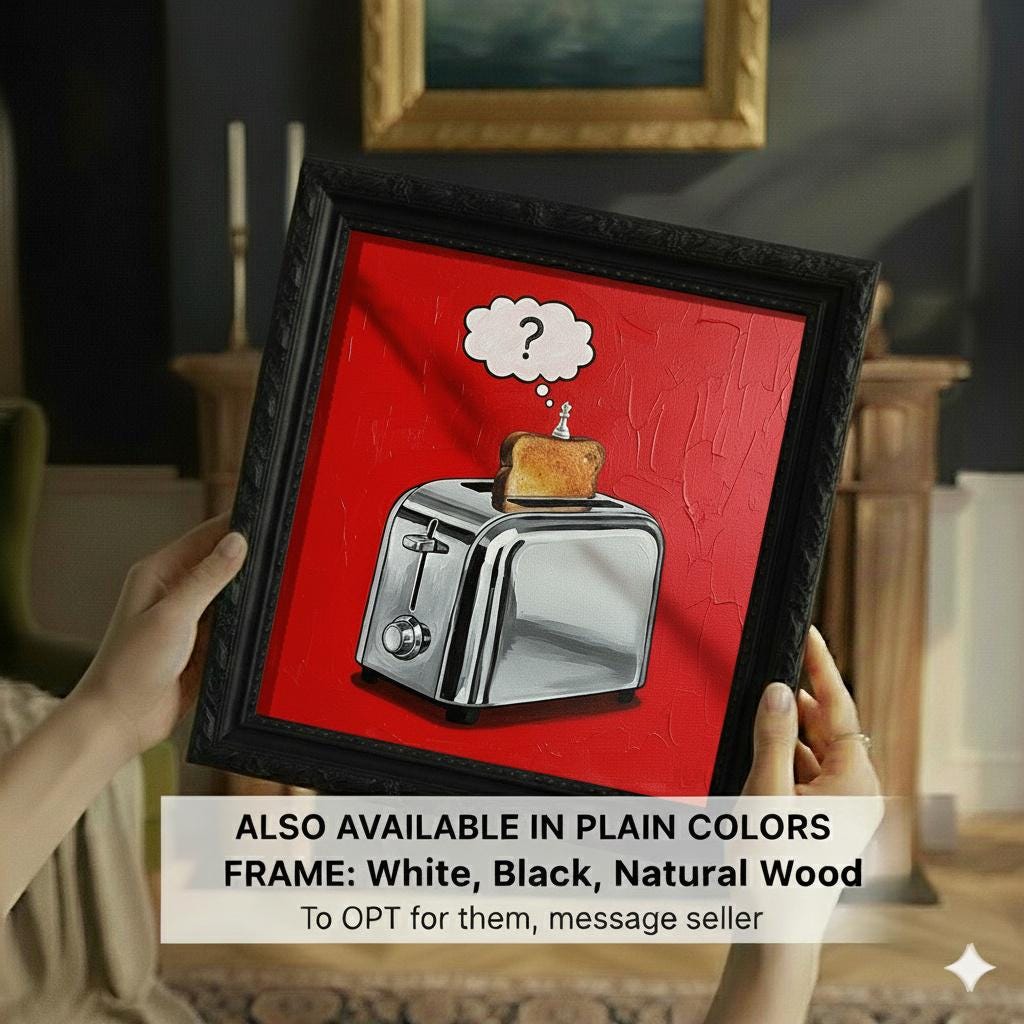 The Thinking Toaster | Surreal Pop Art Painting | Philosophical Kitchen Art | Red Canvas | Golden Frame