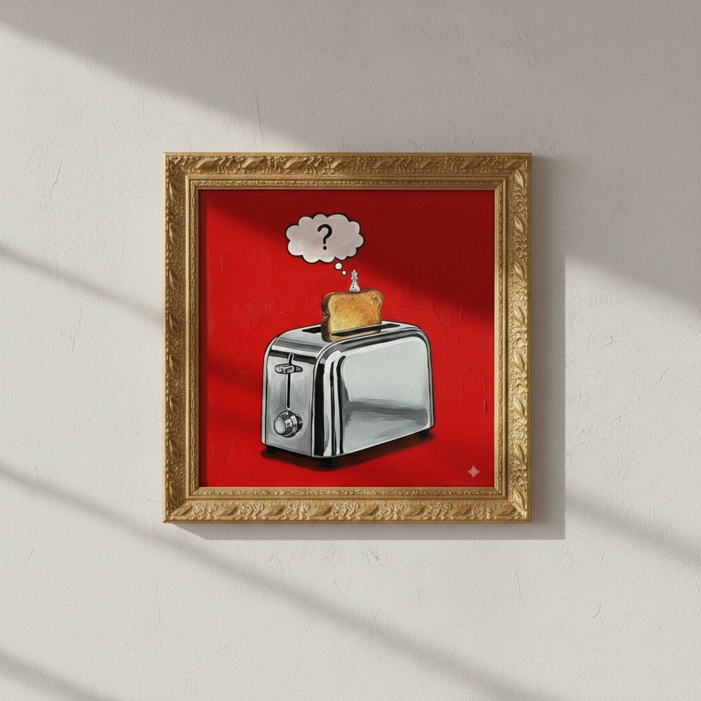 The Thinking Toaster | Surreal Pop Art Painting | Philosophical Kitchen Art | Red Canvas | Golden Frame