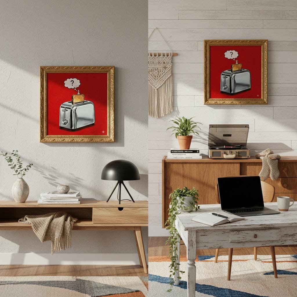 The Thinking Toaster | Surreal Pop Art Painting | Philosophical Kitchen Art | Red Canvas | Golden Frame