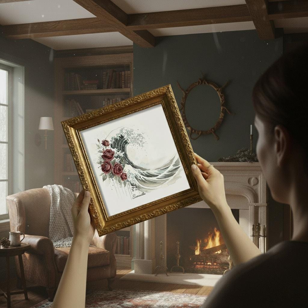 Customizable Wave & Roses Canvas Art | Japanese Wave Floral Print | Personalized Name Wall Decor | Burgundy Teal Art Gift