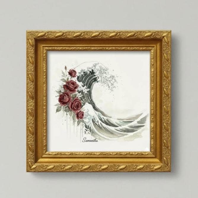 Customizable Wave & Roses Canvas Art | Japanese Wave Floral Print | Personalized Name Wall Decor | Burgundy Teal Art Gift