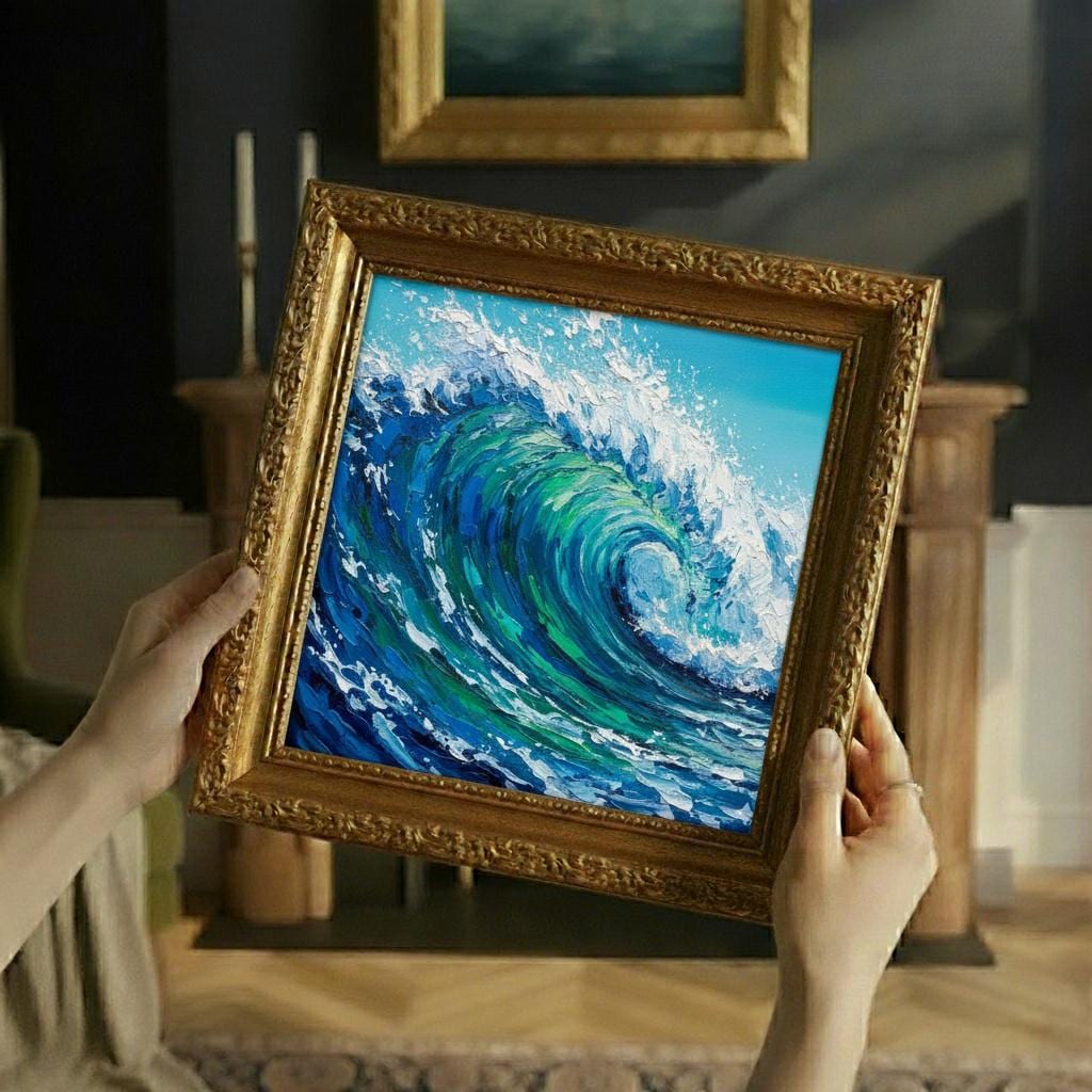 Dynamic Ocean Wave Canvas Print | Textured Abstract Impasto Seascape | Vibran Wall Art | Electric Turquoise Blue Green Wave