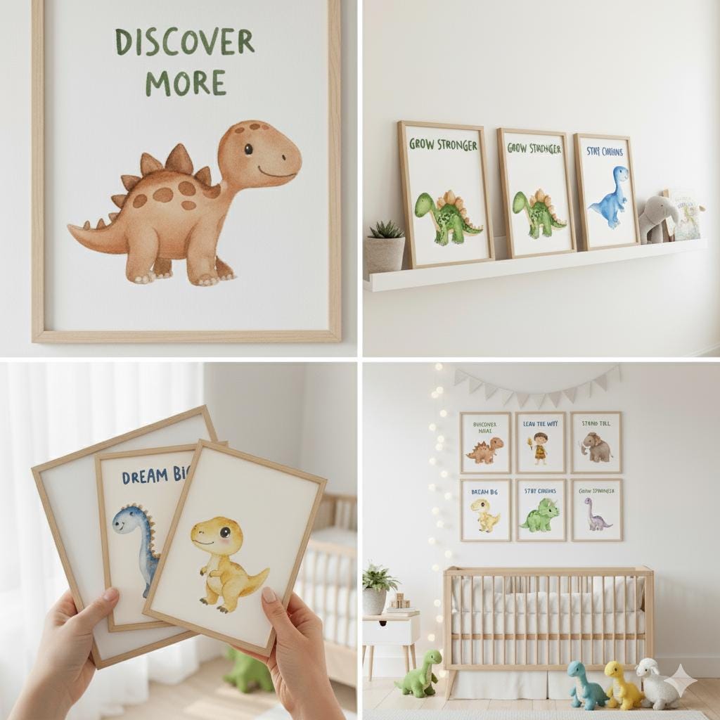 Dinosaur Nursery Art Prints, Set of 6, Kids Room Decor