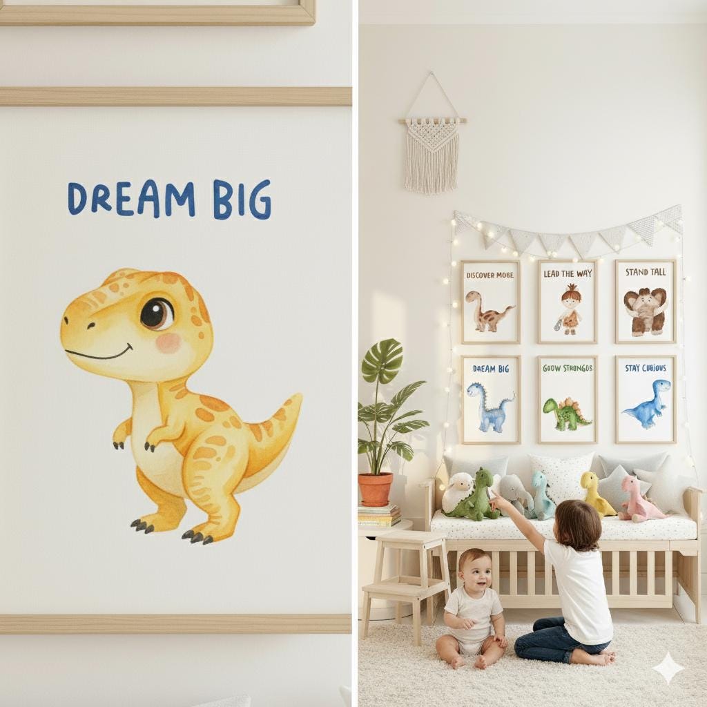 Dinosaur Nursery Art Prints, Set of 6, Kids Room Decor