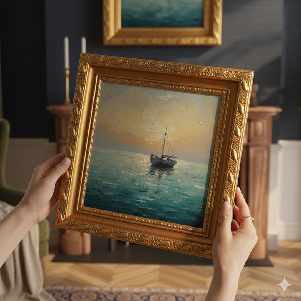 Minimalist Fishing Boat Oil Painting | Framed Canvas Art with Gold Frame
