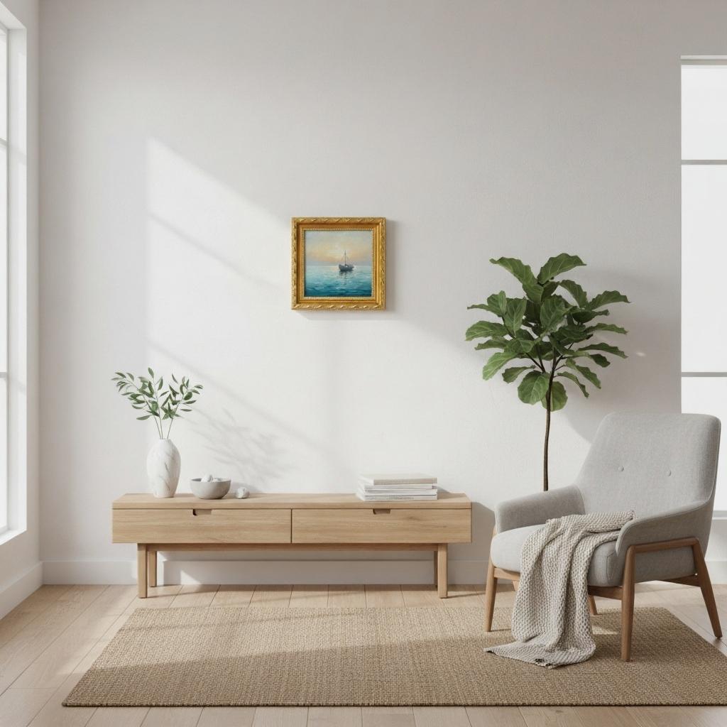 Minimalist Fishing Boat Oil Painting | Framed Canvas Art with Gold Frame