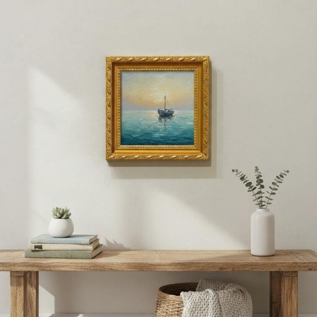 Minimalist Fishing Boat Oil Painting | Framed Canvas Art with Gold Frame
