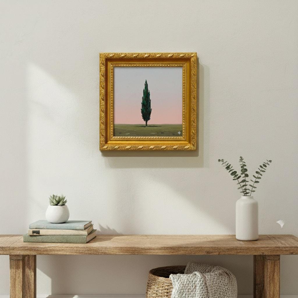 Minimalist Cypress Tree Oil Painting | Framed Canvas Art with Gold Frame