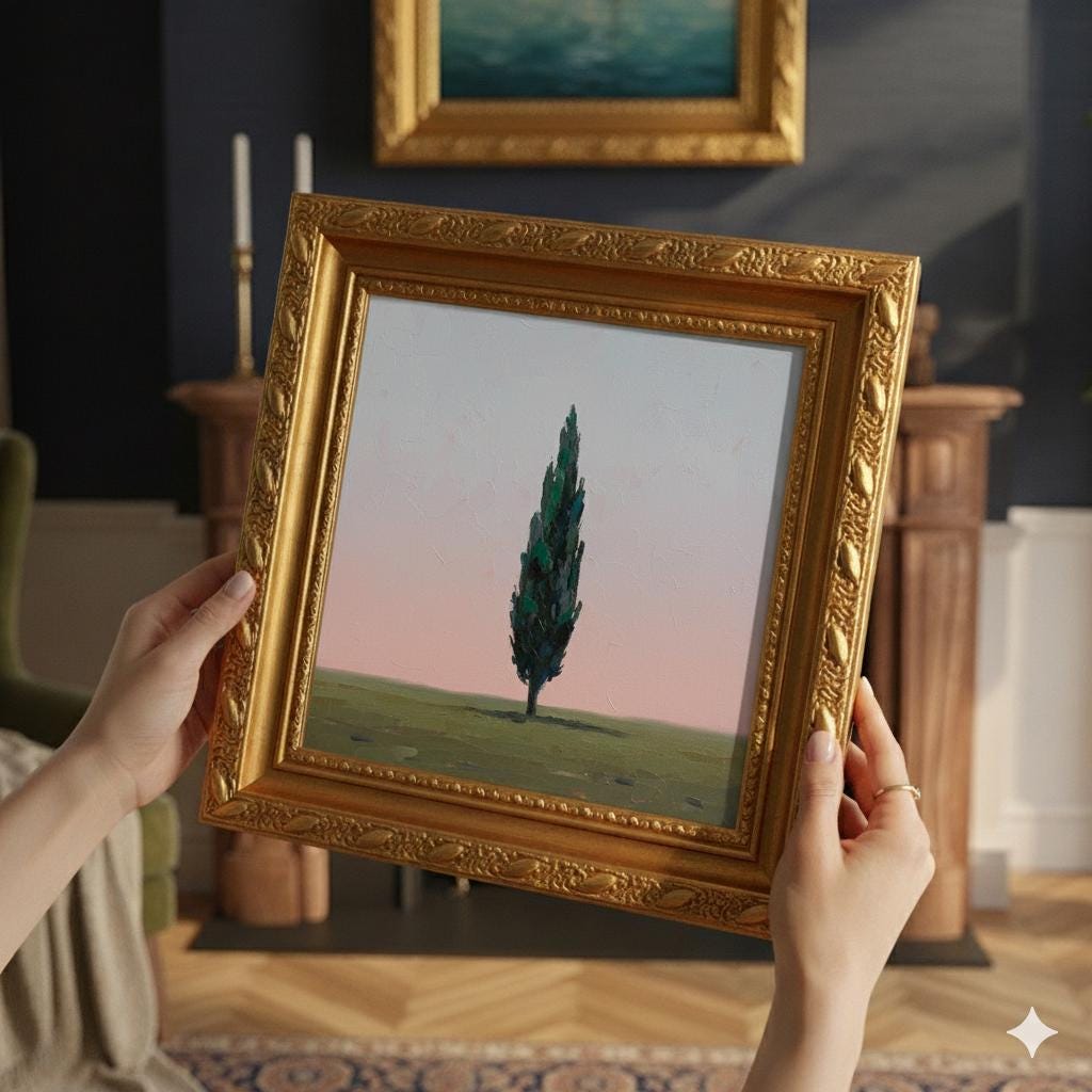 Minimalist Cypress Tree Oil Painting | Framed Canvas Art with Gold Frame