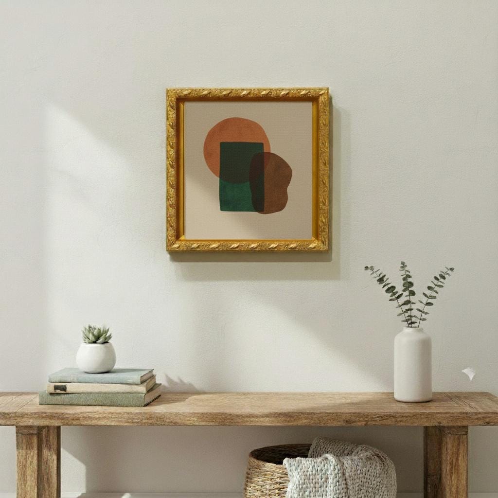 Abstract Minimalist Painting on Canvas | Earthy Geometric Wall Art | Burnt Sienna & Forest Green | Framed Art with Gold Frame