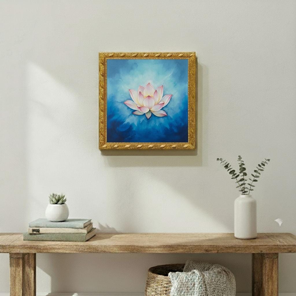 Minimalist Watercolor Lotus Painting on Canvas | Framed Gold | Soft Pink & Indigo Bloom | Tranquil Wall Art