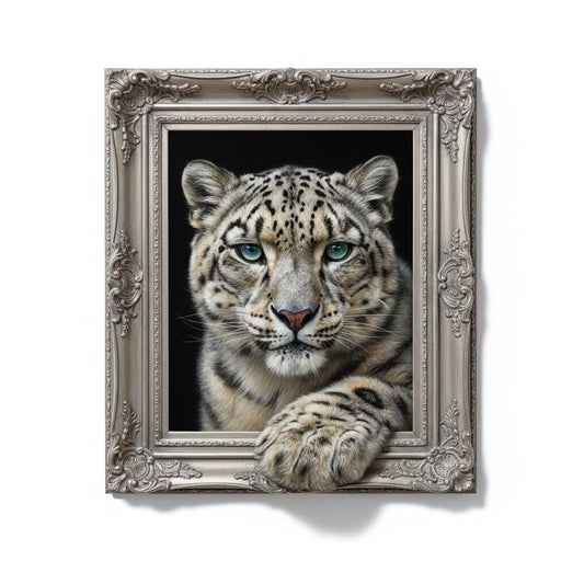 Majestic Snow Leopard 3D Optical Illusion Wildlife Art Carved Mountain Frame Effect Physical Frame Included Wall Decor
