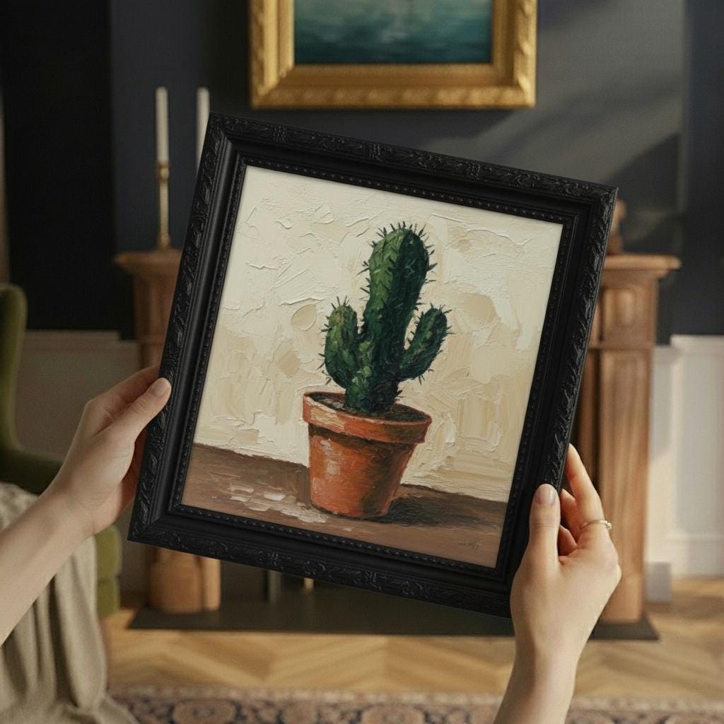 Contemporary Minimalist Painting on Canvas | Stylized Cactus in Terracotta Pot | Framed Gold | Desert Wall Art