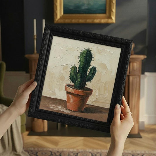 Contemporary Minimalist Painting on Canvas | Stylized Cactus in Terracotta Pot | Framed Gold | Desert Wall Art