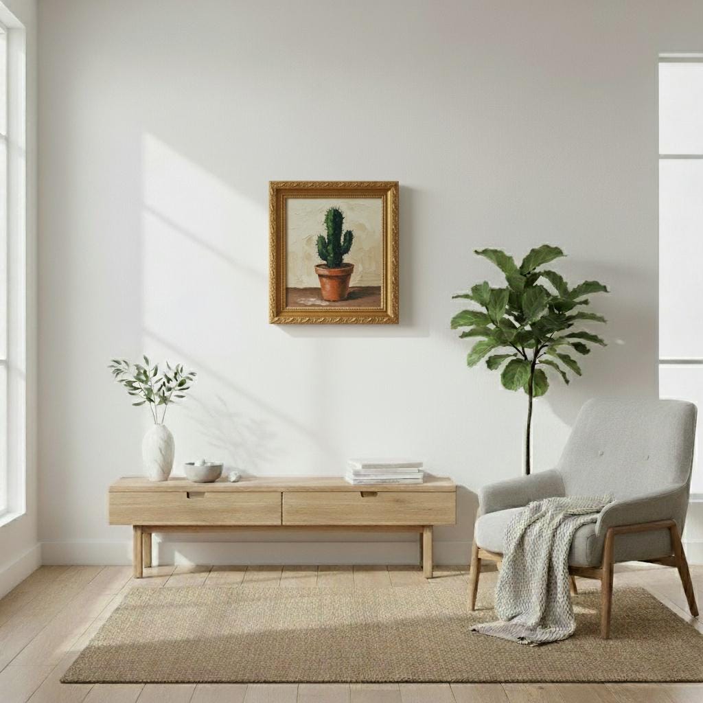 Contemporary Minimalist Painting on Canvas | Stylized Cactus in Terracotta Pot | Framed Gold | Desert Wall Art