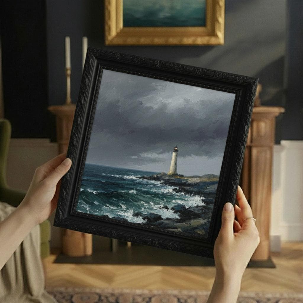 Minimalist Lighthouse Oil Painting on Canvas | Stormy Sea Wall Art | Coastal Seascape Framed Gold | Ocean Painting