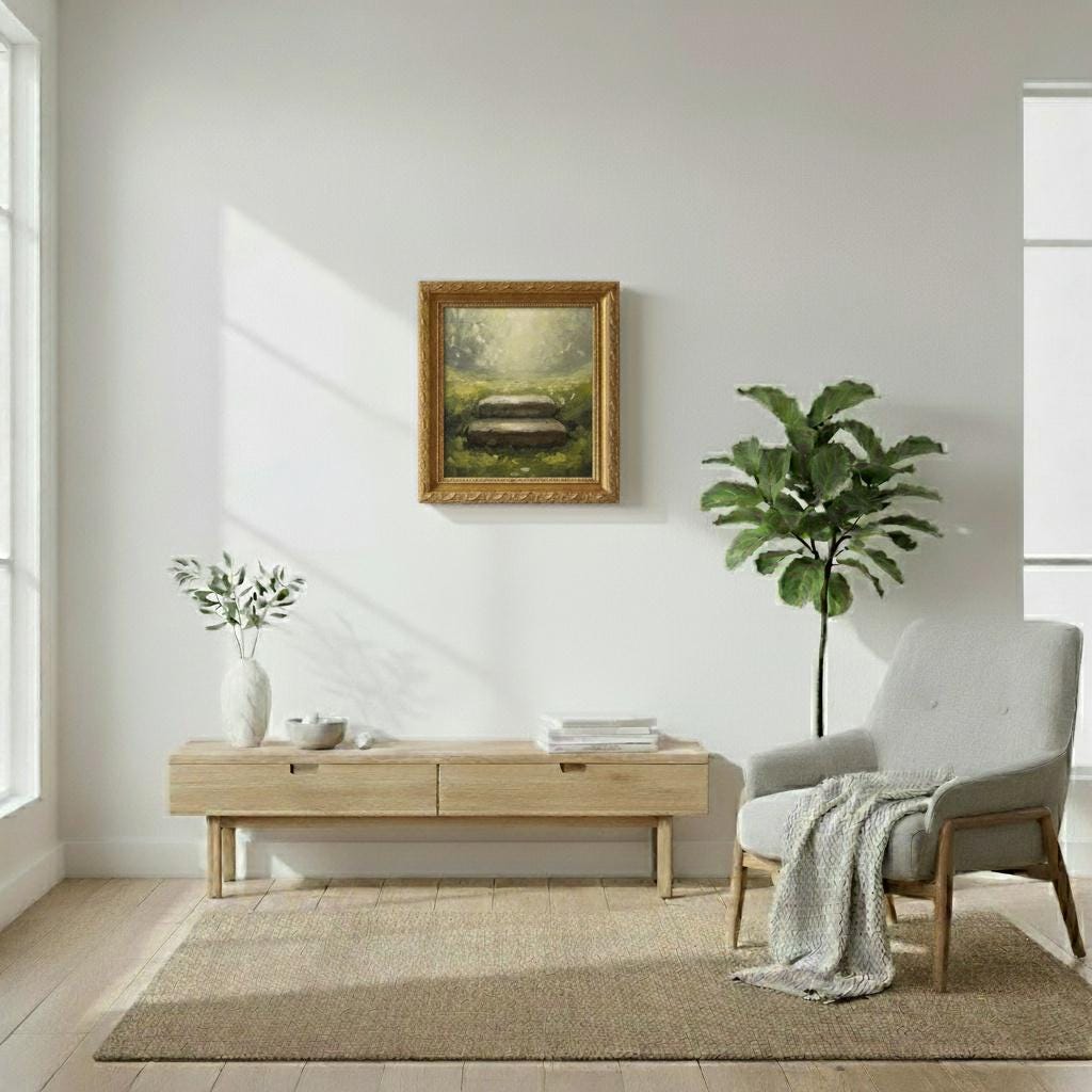 Minimalist Stone Step Painting | Moss Green Canvas Art | Ancient Serenity Wall Decor | Gold Framed Artwork