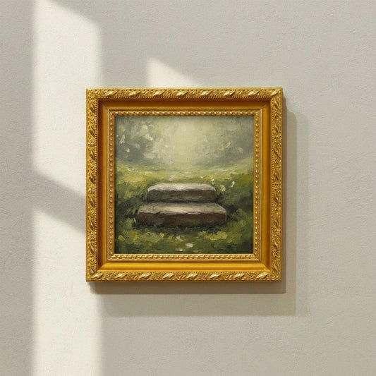 Minimalist Stone Step Painting | Moss Green Canvas Art | Ancient Serenity Wall Decor | Gold Framed Artwork