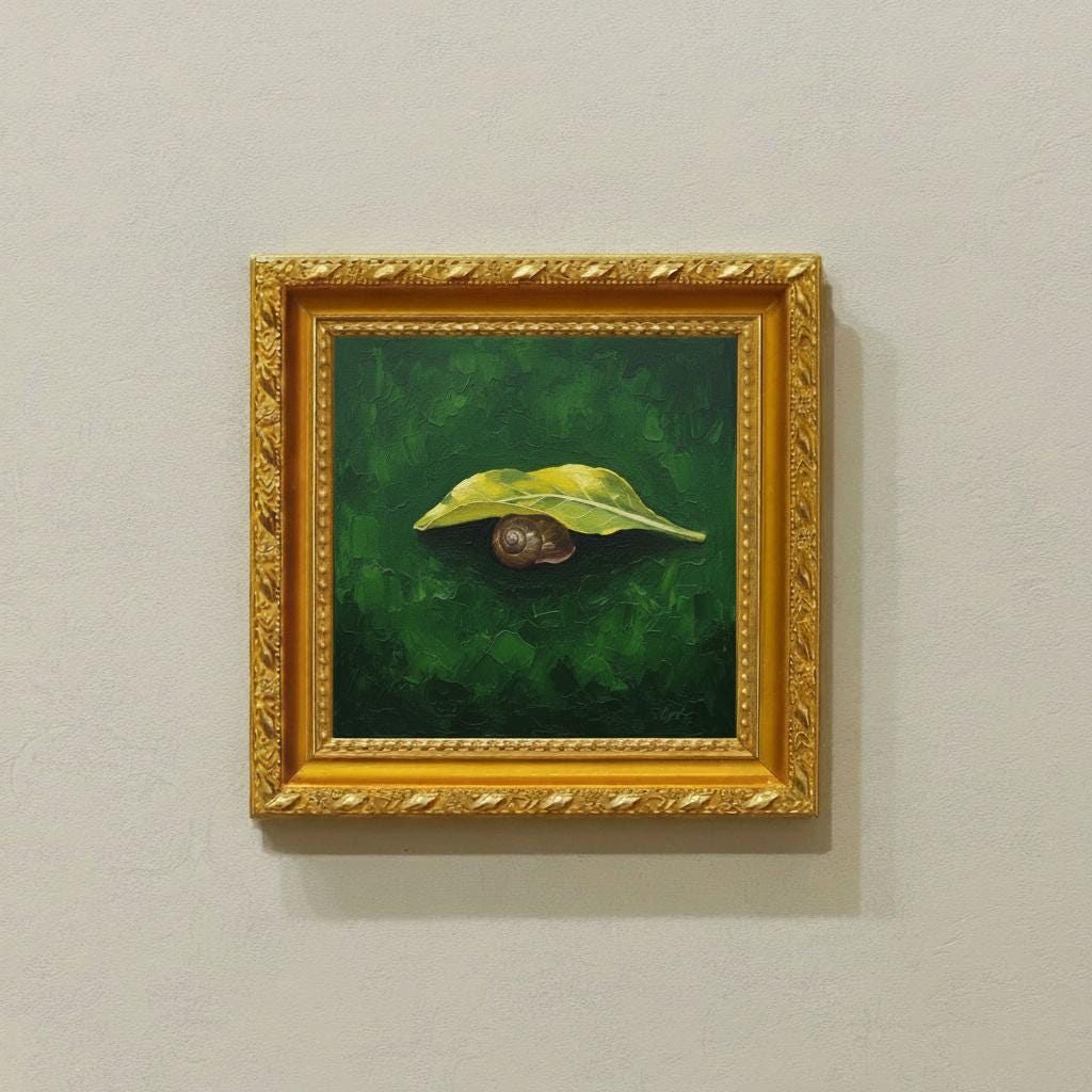 Minimalist Garden Snail Painting | Yellow Dock Leaf | Forest Green Nature Art | Modern Wall Decor