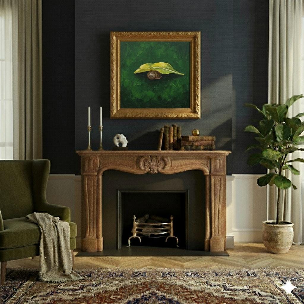 Minimalist Garden Snail Painting | Yellow Dock Leaf | Forest Green Nature Art | Modern Wall Decor