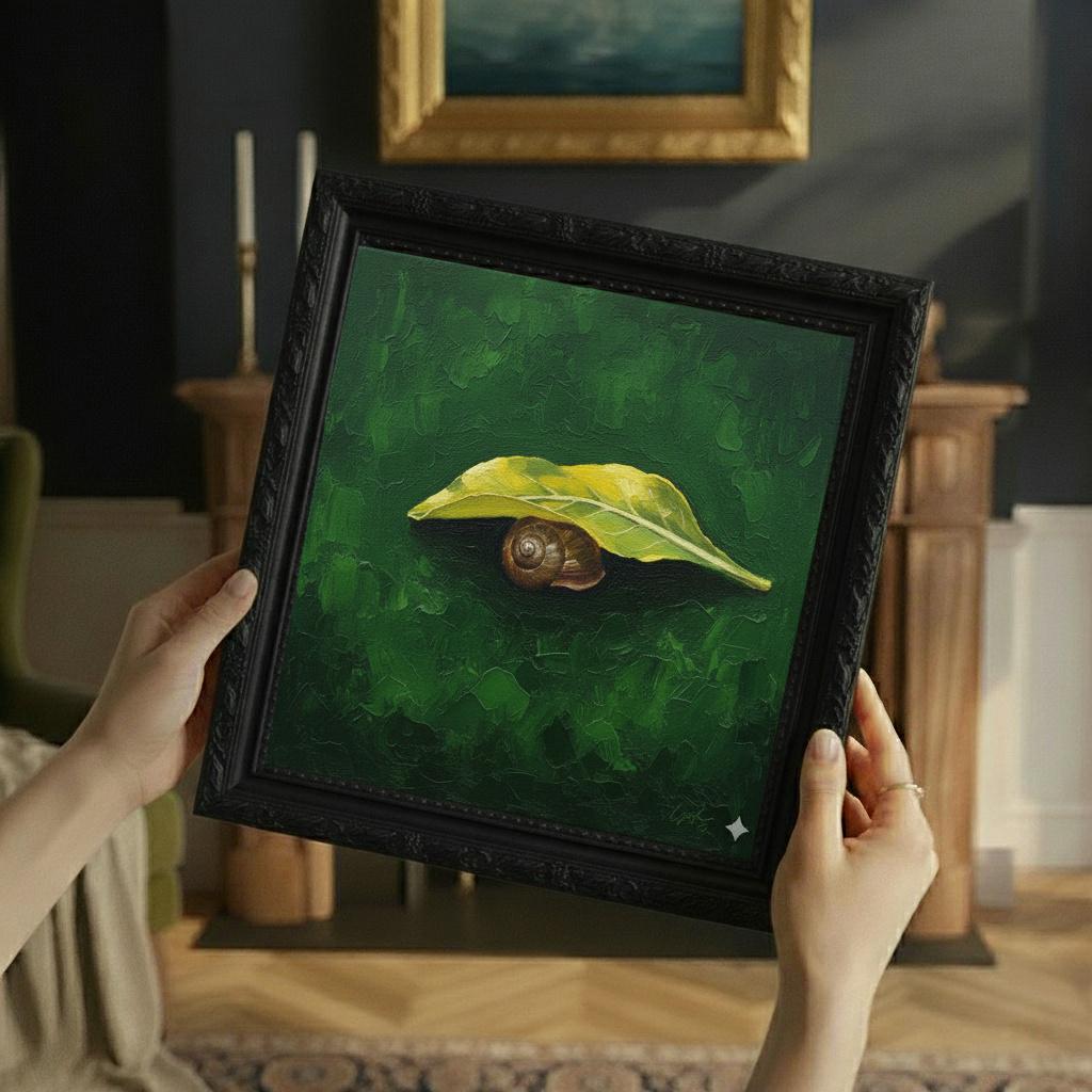 Minimalist Garden Snail Painting | Yellow Dock Leaf | Forest Green Nature Art | Modern Wall Decor