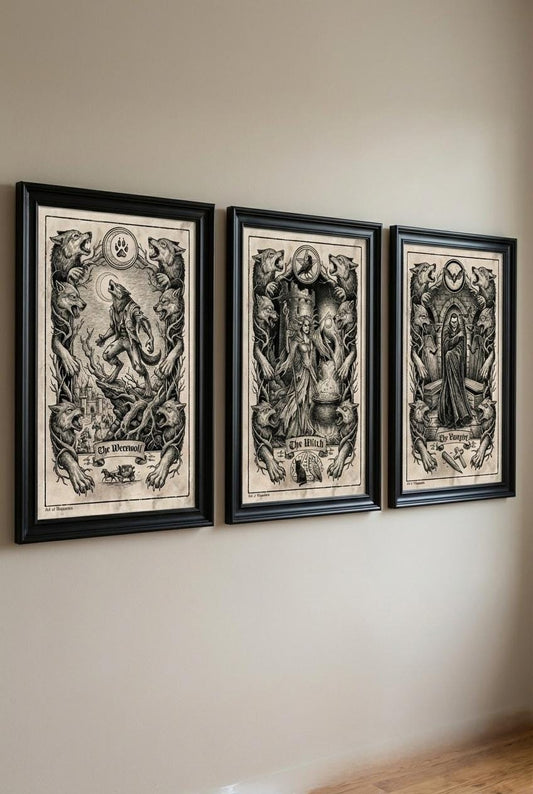 Gothic Horror Framed Art Prints Set of 3 | Werewolf, Vampire, Witch Medieval Fantasy Wall Decor
