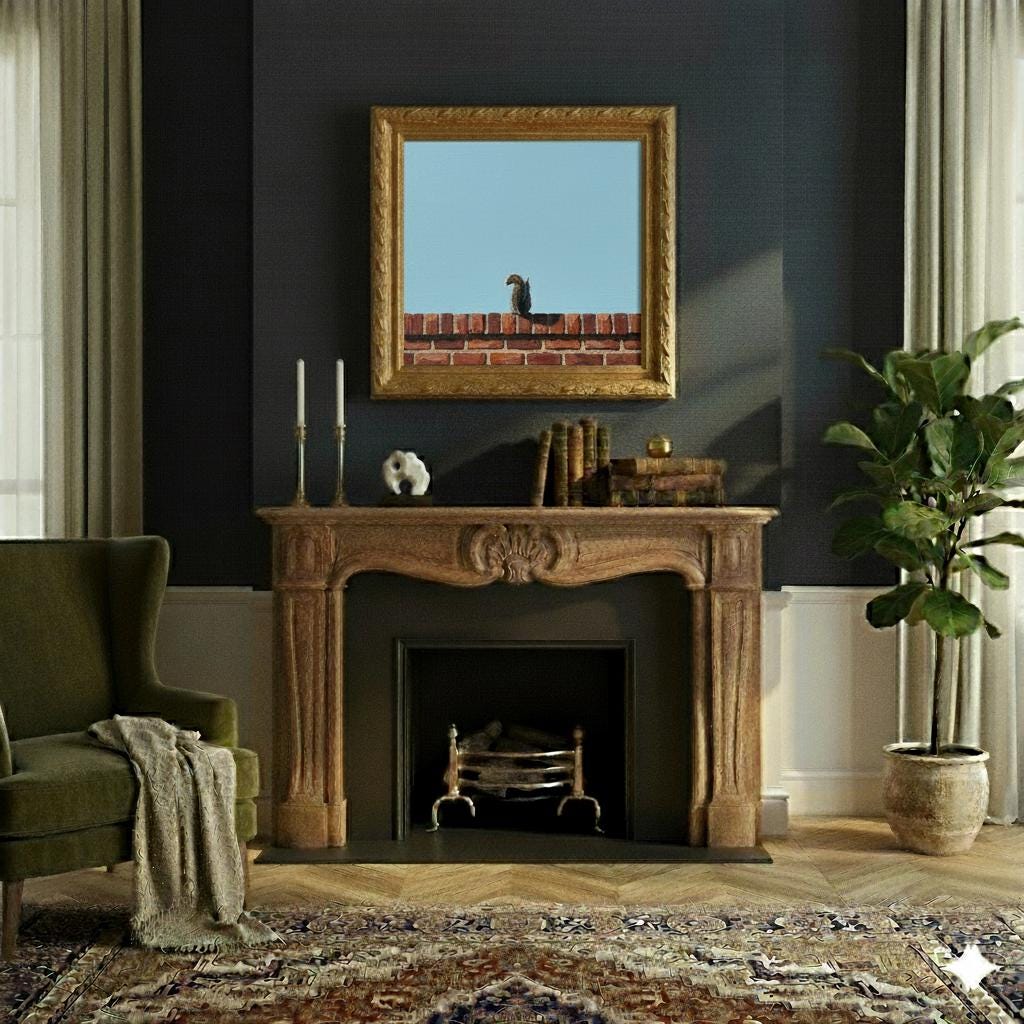 Minimalist Grey Squirrel Painting | Textured Red Brick Wall | Robin's Egg Blue Sky | Modern Narrative Wall Art