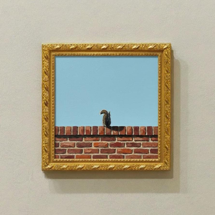 Minimalist Grey Squirrel Painting | Textured Red Brick Wall | Robin's Egg Blue Sky | Modern Narrative Wall Art