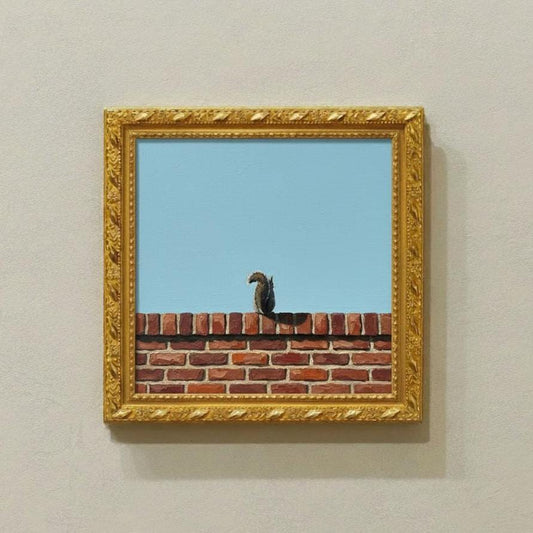 Minimalist Grey Squirrel Painting | Textured Red Brick Wall | Robin's Egg Blue Sky | Modern Narrative Wall Art