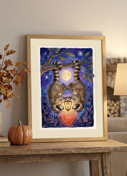Whimsical Raccoon Wall Art | Night Sky Lantern Animal Print | Enchanted Forest Decor | Colorful Woodland Creatures