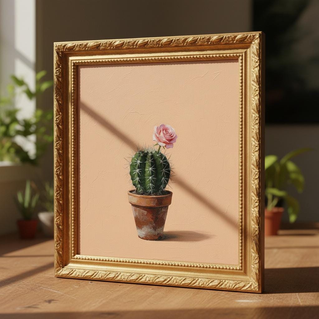 The Sentimental Cactus | Minimalist Surreal Pop Art Oil Canvas | Desert Rose in Terracotta Pot | Soft Peach Background