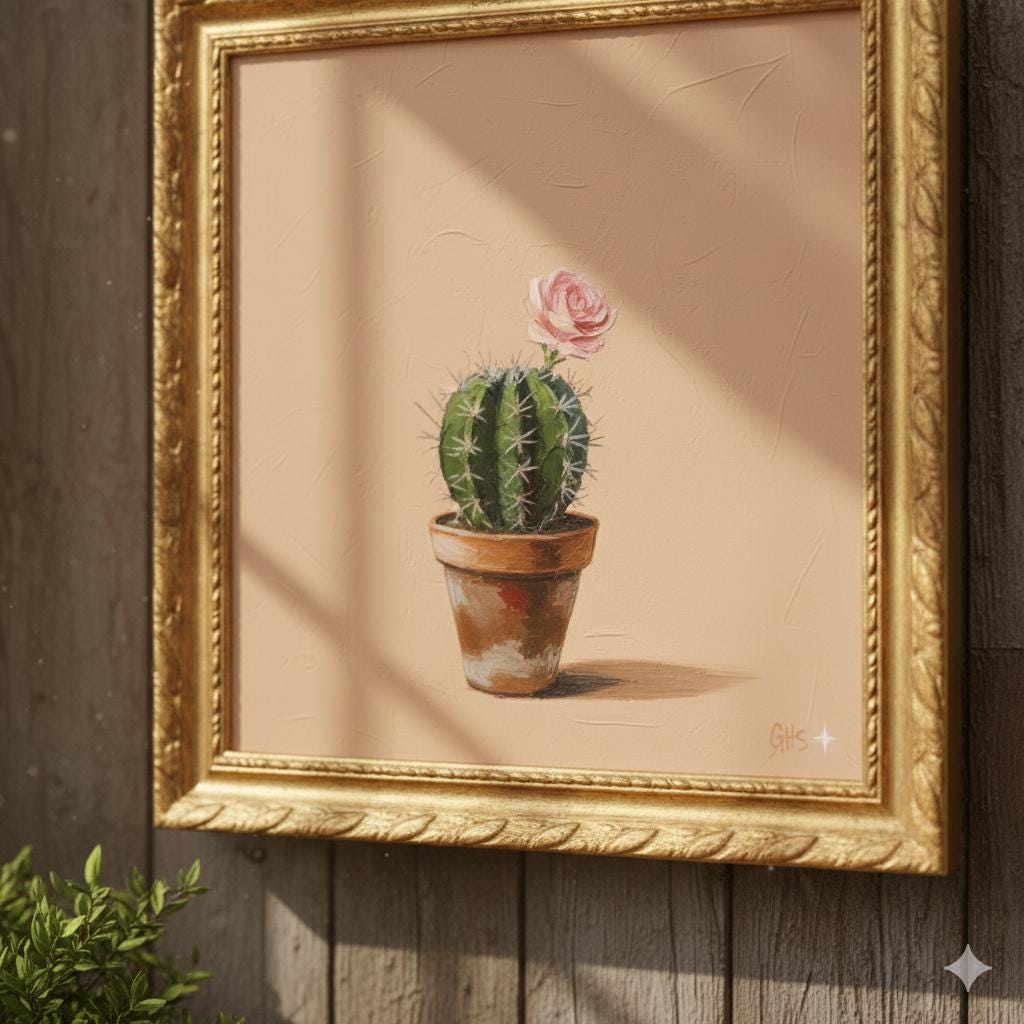 The Sentimental Cactus | Minimalist Surreal Pop Art Oil Canvas | Desert Rose in Terracotta Pot | Soft Peach Background