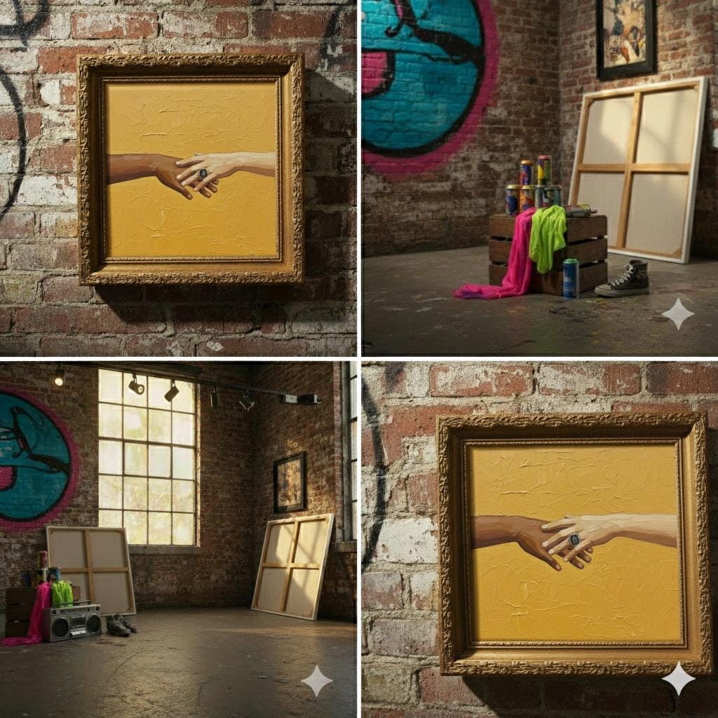 Naïve Minimalist Oil Painting | Outstretched Clasped Hands | Warm Ochre Canvas Art | Bold Sapphire Accent