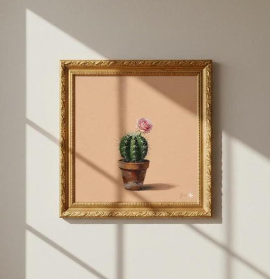 The Sentimental Cactus | Minimalist Surreal Pop Art Oil Canvas | Desert Rose in Terracotta Pot | Soft Peach Background