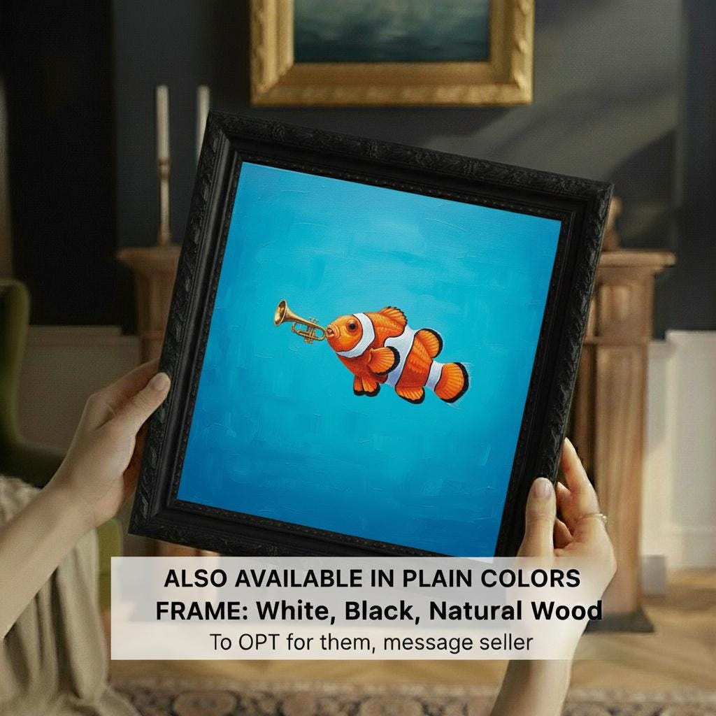 The Musical Fish | Minimalist Surreal Pop Art Painting | Tropical Fish With Trumpet | Aqua Blue Canvas | Golden Frame