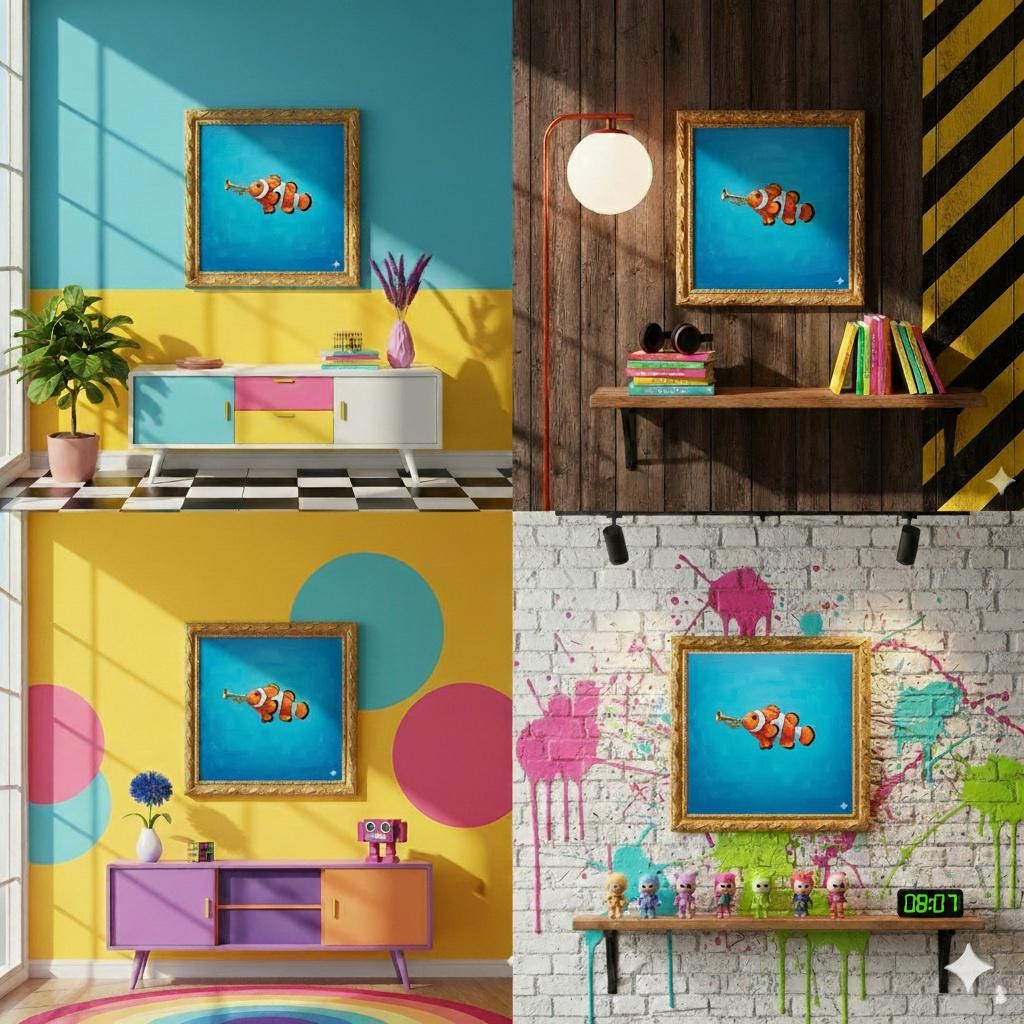 The Musical Fish | Minimalist Surreal Pop Art Painting | Tropical Fish With Trumpet | Aqua Blue Canvas | Golden Frame