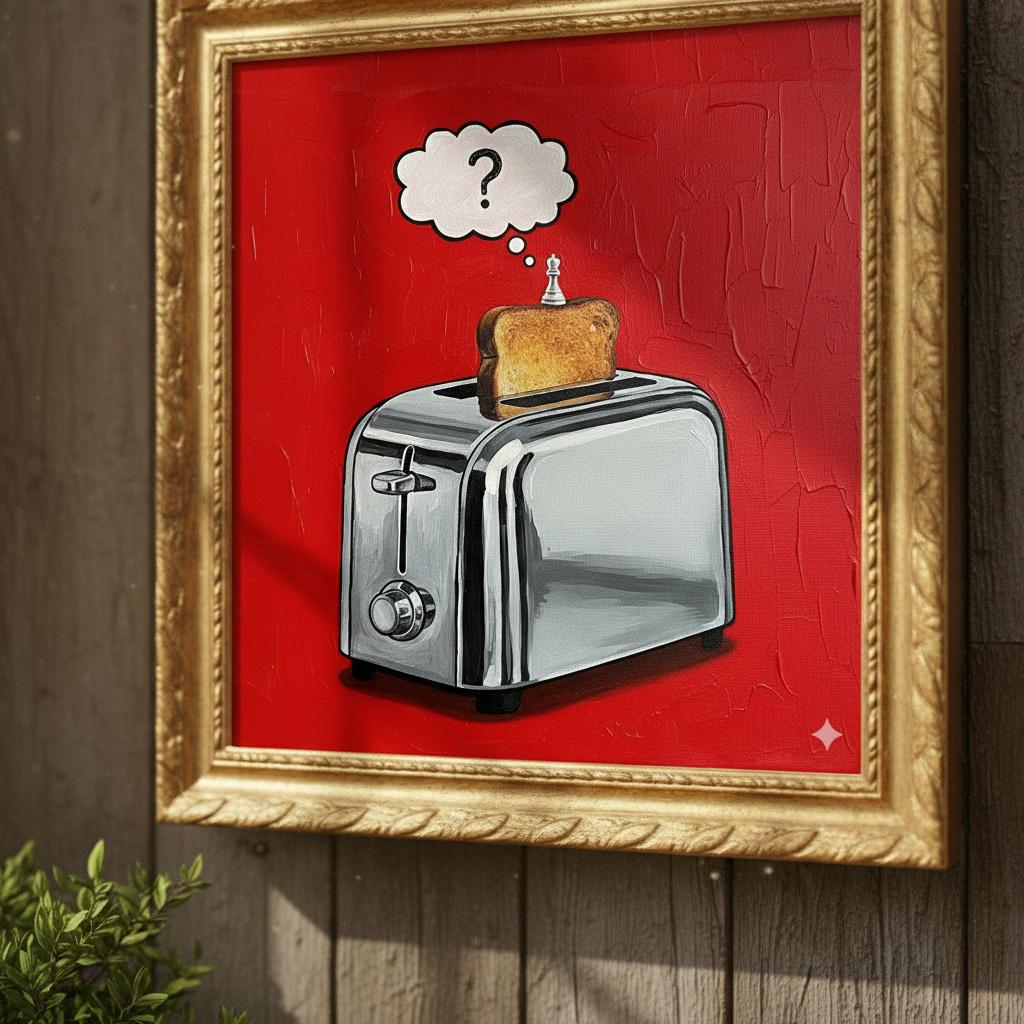 The Thinking Toaster | Surreal Pop Art Painting | Philosophical Kitchen Art | Red Canvas | Golden Frame