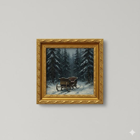 Rustic Cabin in the Snow – Vintage Oil Painting Print | Winter Forest Wall Art | Smoky Cabin & Distant Deer | Cozy Lodge Canvas Decor