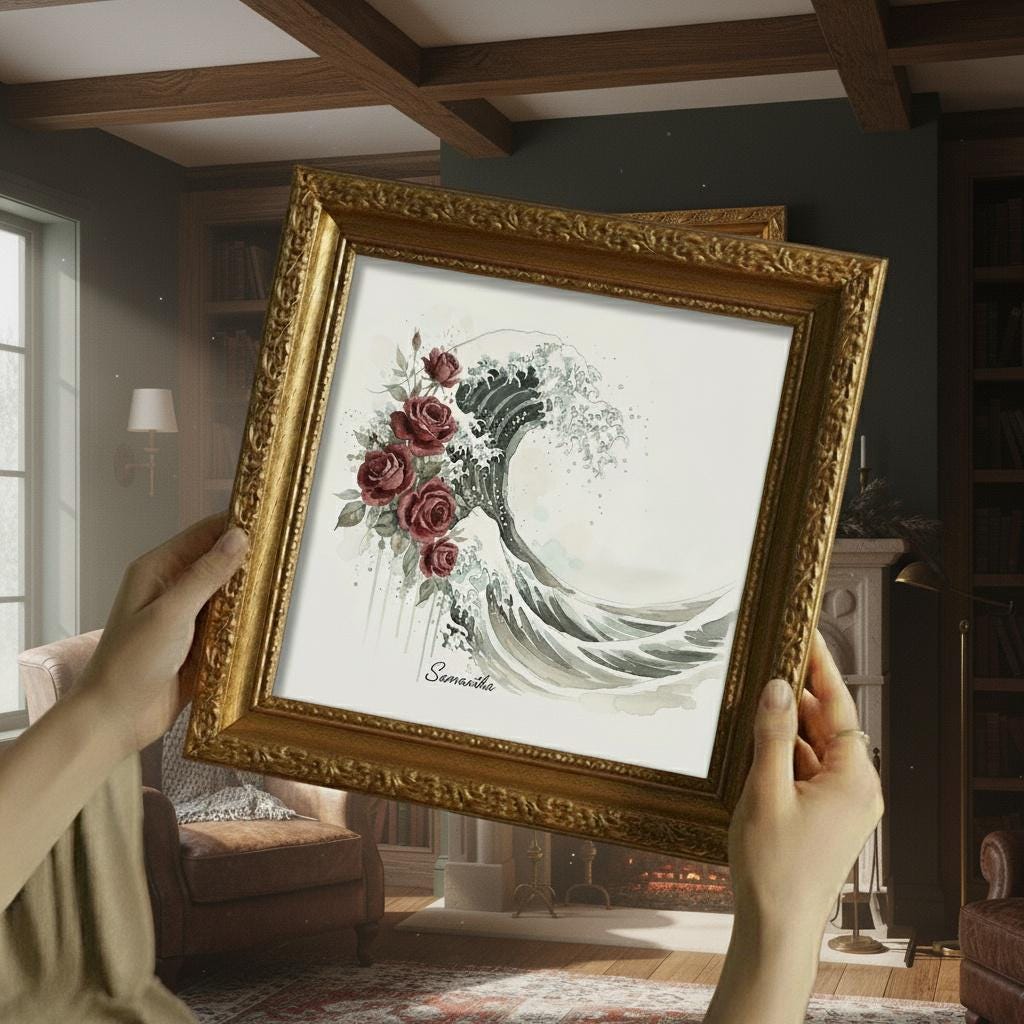 Customizable Wave & Roses Canvas Art | Japanese Wave Floral Print | Personalized Name Wall Decor | Burgundy Teal Art Gift